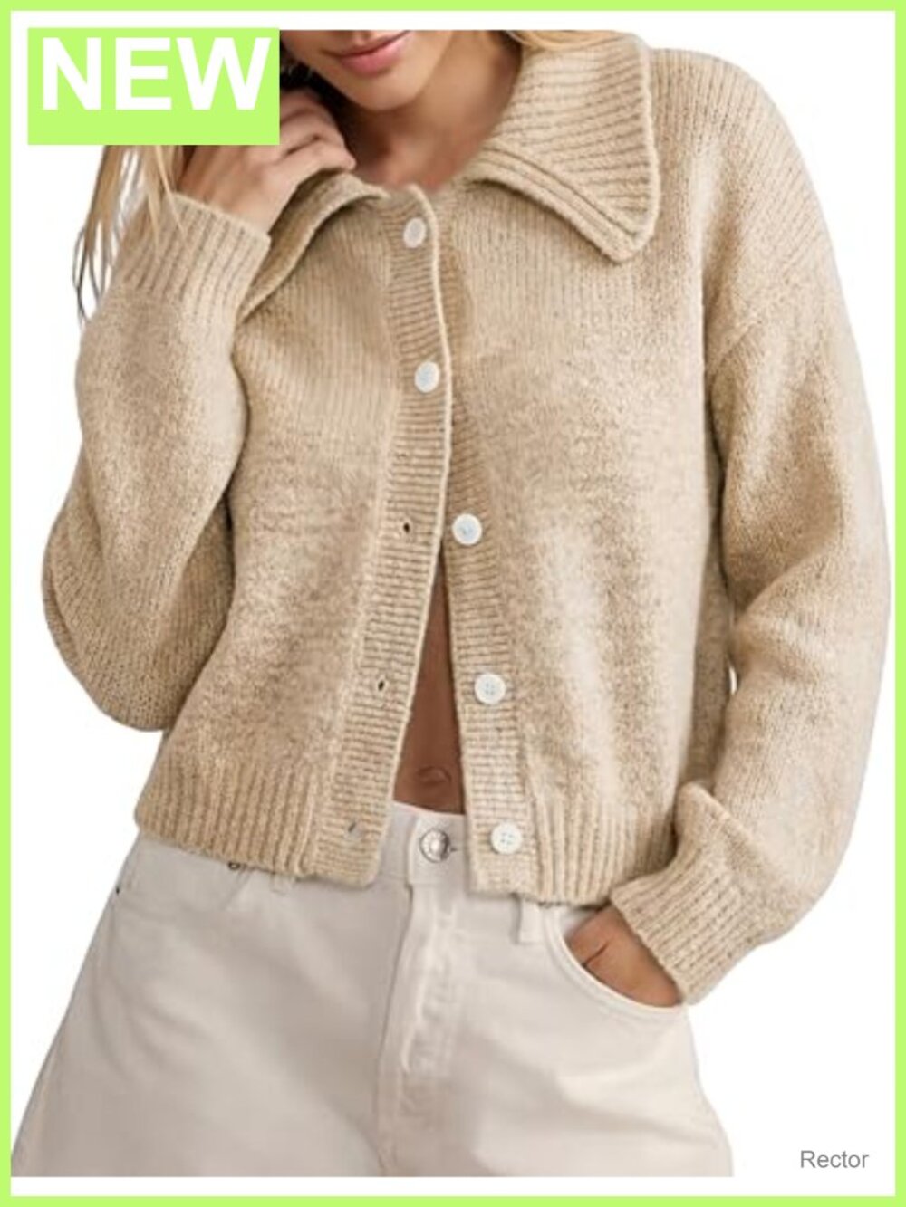 Cropped Button Up Collared Knit Cardigan Long Sleeve Sweater